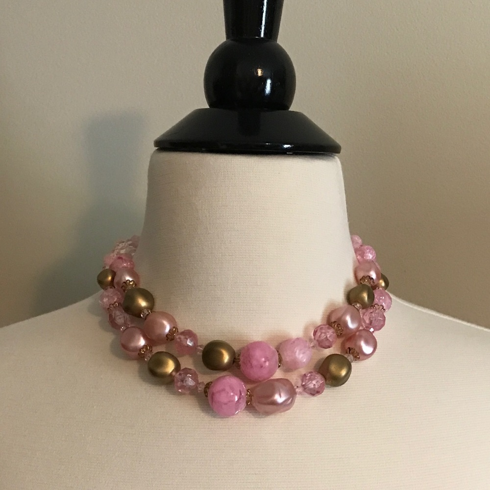 Vintage Pink & Gold 2 Tier Beaded Necklace